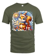 Cute Christmas Squirrel Fireworks and Gifts Holiday Graphic Tee - military green t-shirt on white background