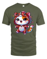 Kawaii Cat Unicorn Onesie Rainbow Sparkle Cute Graphic Tee - military green t-shirt on white background