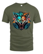 Cyber Neon Wolf Rage Fierce Tech Beast Graphic Tee - military green t-shirt on white background