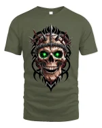 Inferno Skull Green Eyes Spiked Warrior Graphic Tee - military green t-shirt on white background