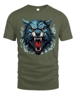 Fierce Wolf Head Attack Snarl Wild Beast Graphic Tee - military green t-shirt on white background