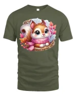 Cute Cozy Autumn Squirrel Art Tee with Scarf and Fall Leaves - military green t-shirt on white background