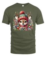 Cute Winter Deer Cozy Hat and Scarf Holiday Graphic Tee - military green t-shirt on white background