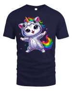 Rainbow Unicorn Cat Dance Magic Graphic Tee for Kids and Adults - navy t-shirt on white background