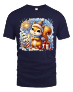 Cute Christmas Squirrel Fireworks and Gifts Holiday Graphic Tee - navy t-shirt on white background