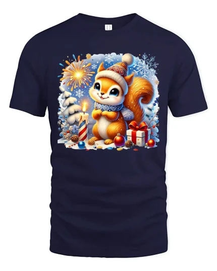 Cute Christmas Squirrel Fireworks and Gifts Holiday Graphic Tee - navy t-shirt on white background