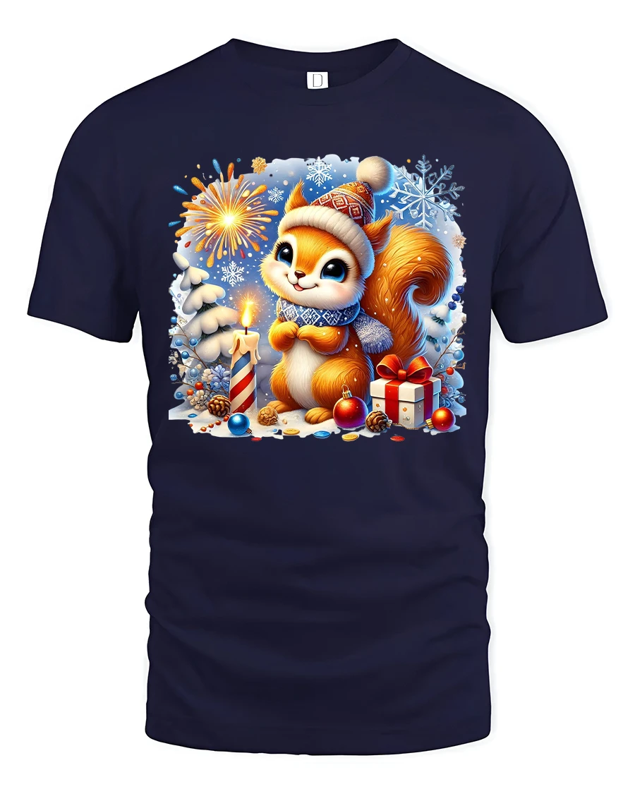 Cute Christmas Squirrel Fireworks and Gifts Holiday Graphic Tee - 1 Cute Christmas Squirrel Fireworks and Gifts Holiday Graphic Tee - navy t-shirt on white background