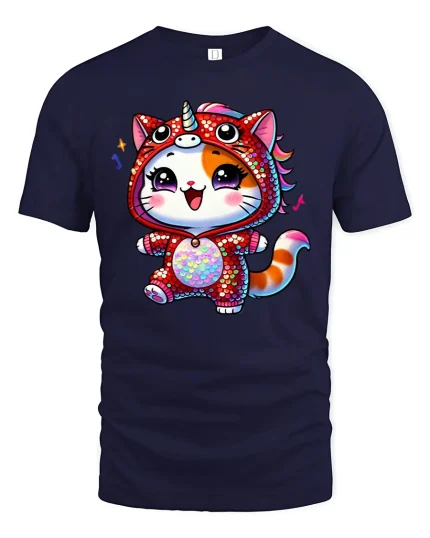 Kawaii Cat Unicorn Onesie Rainbow Sparkle Cute Graphic Tee - navy t-shirt on white background