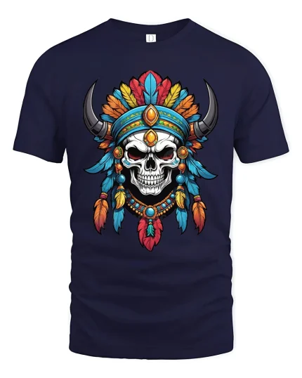Vibrant Feather Skull Warrior Fantasy Art Graphic Tee - navy t-shirt on white background