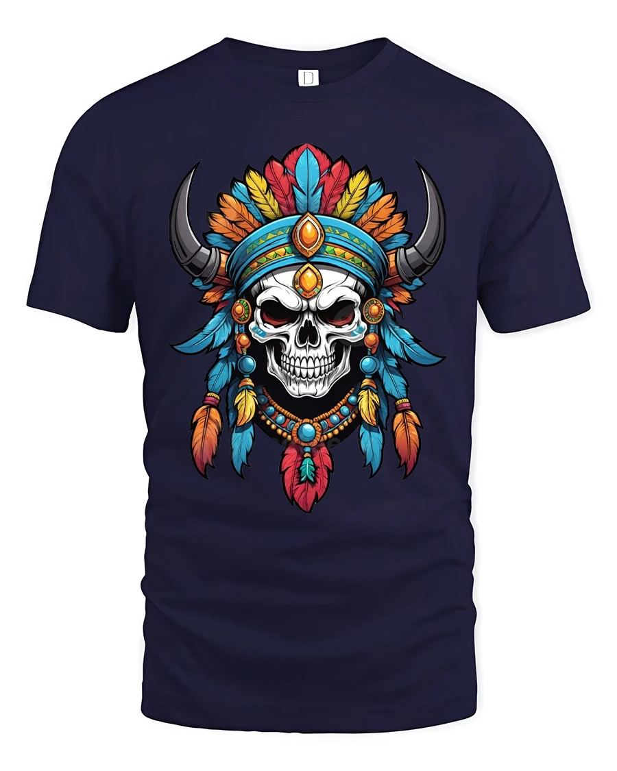 Vibrant Feather Skull Warrior Fantasy Art Graphic Tee - 1 Vibrant Feather Skull Warrior Fantasy Art Graphic Tee - navy t-shirt on white background