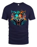 Cyber Neon Wolf Rage Fierce Tech Beast Graphic Tee - navy t-shirt on white background