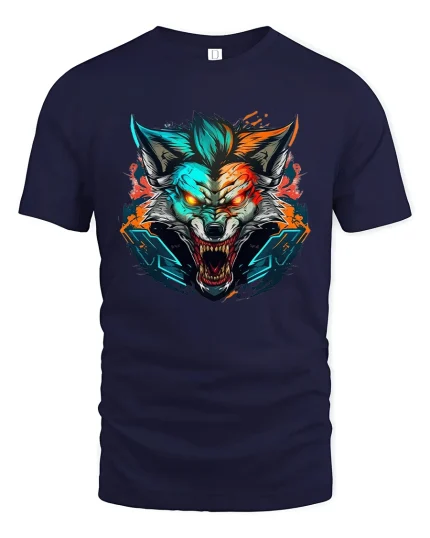Cyber Neon Wolf Rage Fierce Tech Beast Graphic Tee - navy t-shirt on white background