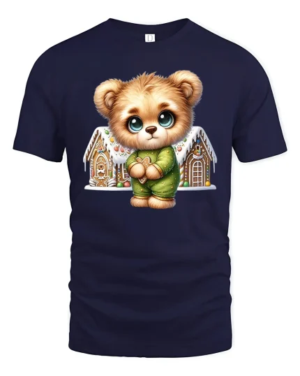 Cute Christmas Bear Gingerbread House Holiday Graphic Tee - navy t-shirt on white background