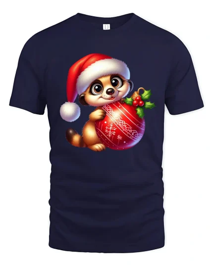 Cute Christmas Meerkat Hugging Ornament Holiday Graphic Tee - navy t-shirt on white background
