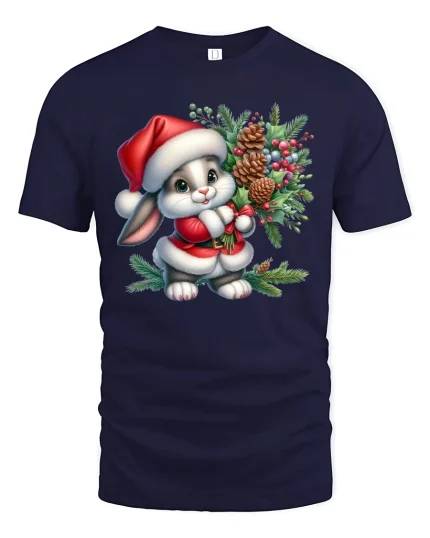 Cute Christmas Bunny Santa Outfit Holiday Graphic Tee - navy t-shirt on white background