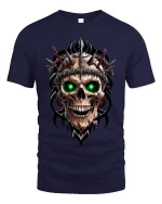 Inferno Skull Green Eyes Spiked Warrior Graphic Tee - navy t-shirt on white background