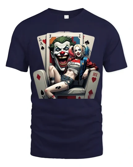 Crazy Clown and Chaos Girl Playing Cards Style Graphic Tee - navy t-shirt on white background