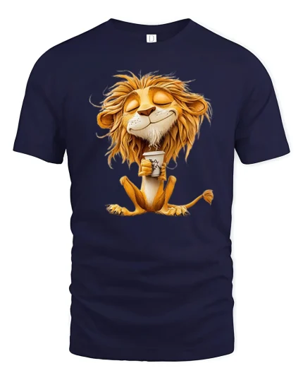 Chill Coffee Lion Cute Morning Vibes Cartoon Graphic Tee - navy t-shirt on white background