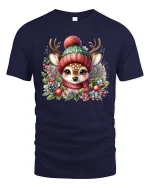 Cute Winter Deer Cozy Hat and Scarf Holiday Graphic Tee - navy t-shirt on white background