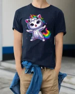 Rainbow Unicorn Cat Dance Magic Graphic Tee for Kids and Adults - model in navy tee with hands in pockets