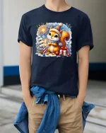Cute Christmas Squirrel Fireworks and Gifts Holiday Graphic Tee - model in navy tee with hands in pockets