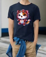 Kawaii Cat Unicorn Onesie Rainbow Sparkle Cute Graphic Tee - model in navy tee with hands in pockets