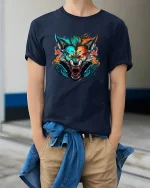 Cyber Neon Wolf Rage Fierce Tech Beast Graphic Tee - model in navy tee with hands in pockets