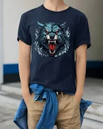 Fierce Wolf Head Attack Snarl Wild Beast Graphic Tee - model in navy tee with hands in pockets