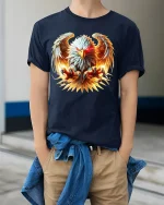 Fiery Eagle Power Attack Wings Spread Bold Graphic Tee - model in navy tee with hands in pockets