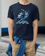 Chess King Galaxy Mind Art Tee for Players and Thinkers - model in navy tee with hands in pockets