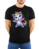 Rainbow Unicorn Cat Dance Magic Graphic Tee for Kids and Adults - model in black tee with hands behind back