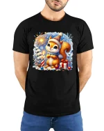 Cute Christmas Squirrel Fireworks and Gifts Holiday Graphic Tee - model in black tee with hands behind back