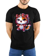 Kawaii Cat Unicorn Onesie Rainbow Sparkle Cute Graphic Tee - model in black tee with hands behind back