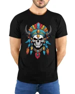 Vibrant Feather Skull Warrior Fantasy Art Graphic Tee - model in black tee with hands behind back