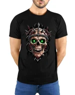 Inferno Skull Green Eyes Spiked Warrior Graphic Tee - model in black tee with hands behind back