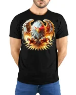 Fiery Eagle Power Attack Wings Spread Bold Graphic Tee - model in black tee with hands behind back