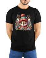 Cute Winter Deer Cozy Hat and Scarf Holiday Graphic Tee - model in black tee with hands behind back