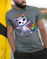 Rainbow Unicorn Cat Dance Magic Graphic Tee for Kids and Adults - model in grey tee leaning on column