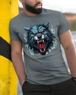 Fierce Wolf Head Attack Snarl Wild Beast Graphic Tee - model in grey tee leaning on column
