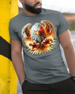 Fiery Eagle Power Attack Wings Spread Bold Graphic Tee - model in grey tee leaning on column