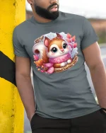 Cute Cozy Autumn Squirrel Art Tee with Scarf and Fall Leaves - model in grey tee leaning on column