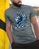 Chess King Galaxy Mind Art Tee for Players and Thinkers - model in grey tee leaning on column