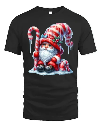 Cute Candy Cane Gnome Christmas Winter Holiday Graphic Tee - black t-shirt on white background