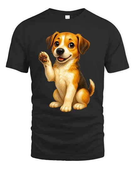 Happy Waving Puppy Tee Cute Dog Lover T-Shirt Gift - black t-shirt on white background