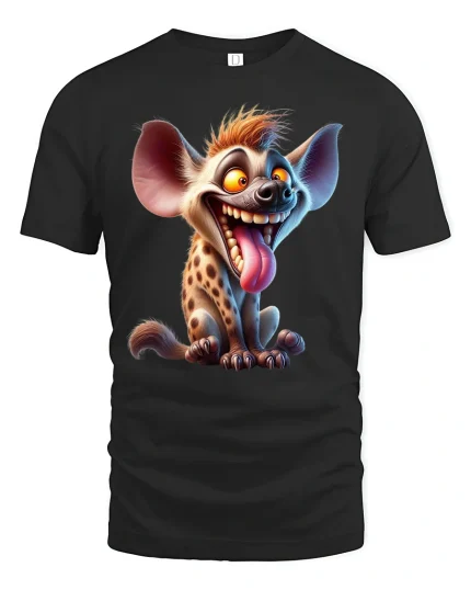 Crazy Happy Hyena Cartoon Tee Funny Animal Character Tshirt - black t-shirt on white background