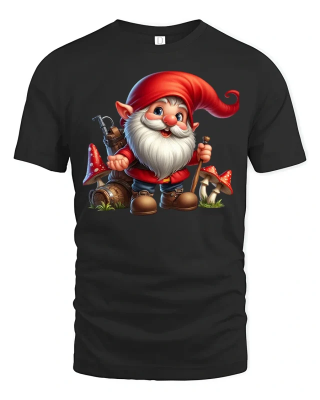 Adorable Garden Gnome Tee Cute Fantasy Mushroom Explorer Tshirt - black t-shirt on white background