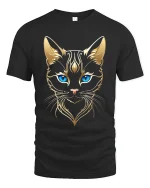 Elegant Golden Cat Blue Eyes Tribal Style Graphic Tee - black t-shirt on white background