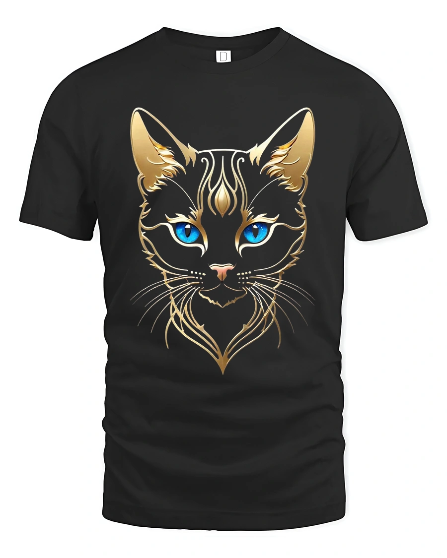 Elegant Golden Cat Blue Eyes Tribal Style Graphic Tee - 1 Elegant Golden Cat Blue Eyes Tribal Style Graphic Tee - black t-shirt on white background