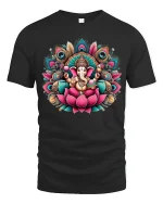 Sacred Ganesha Lotus Tee Vibrant Spiritual Art Tshirt - black t-shirt on white background