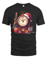 Vintage Christmas Clock Tree Gifts Festive Holiday Graphic Tee - black t-shirt on white background
